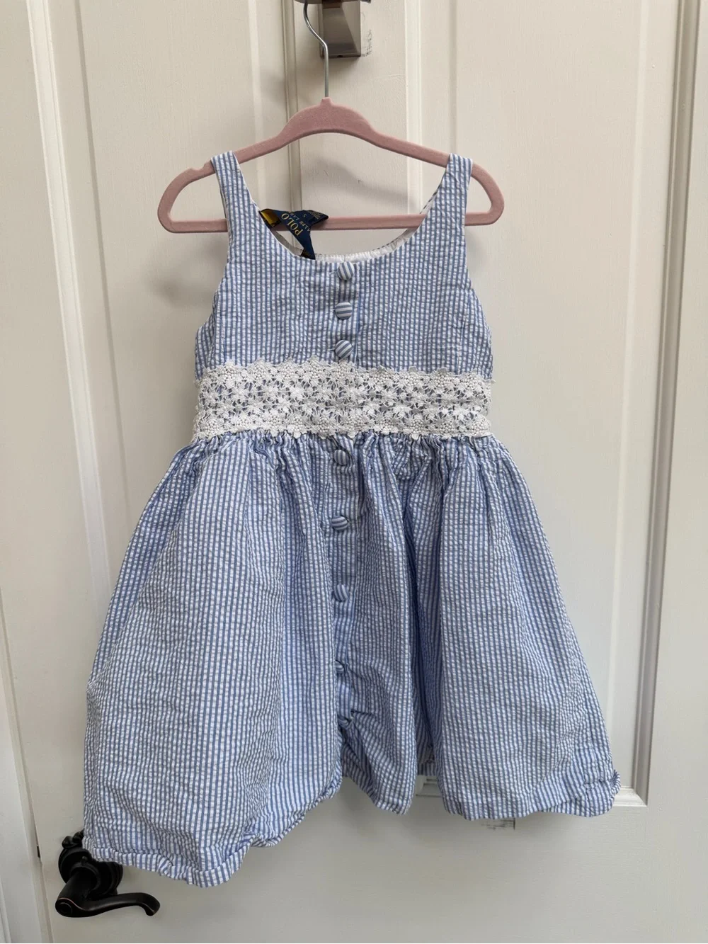 NWOT Polo by Ralph Lauren Girls 5 Blue Seersucker Sleeveless Dress White Floral